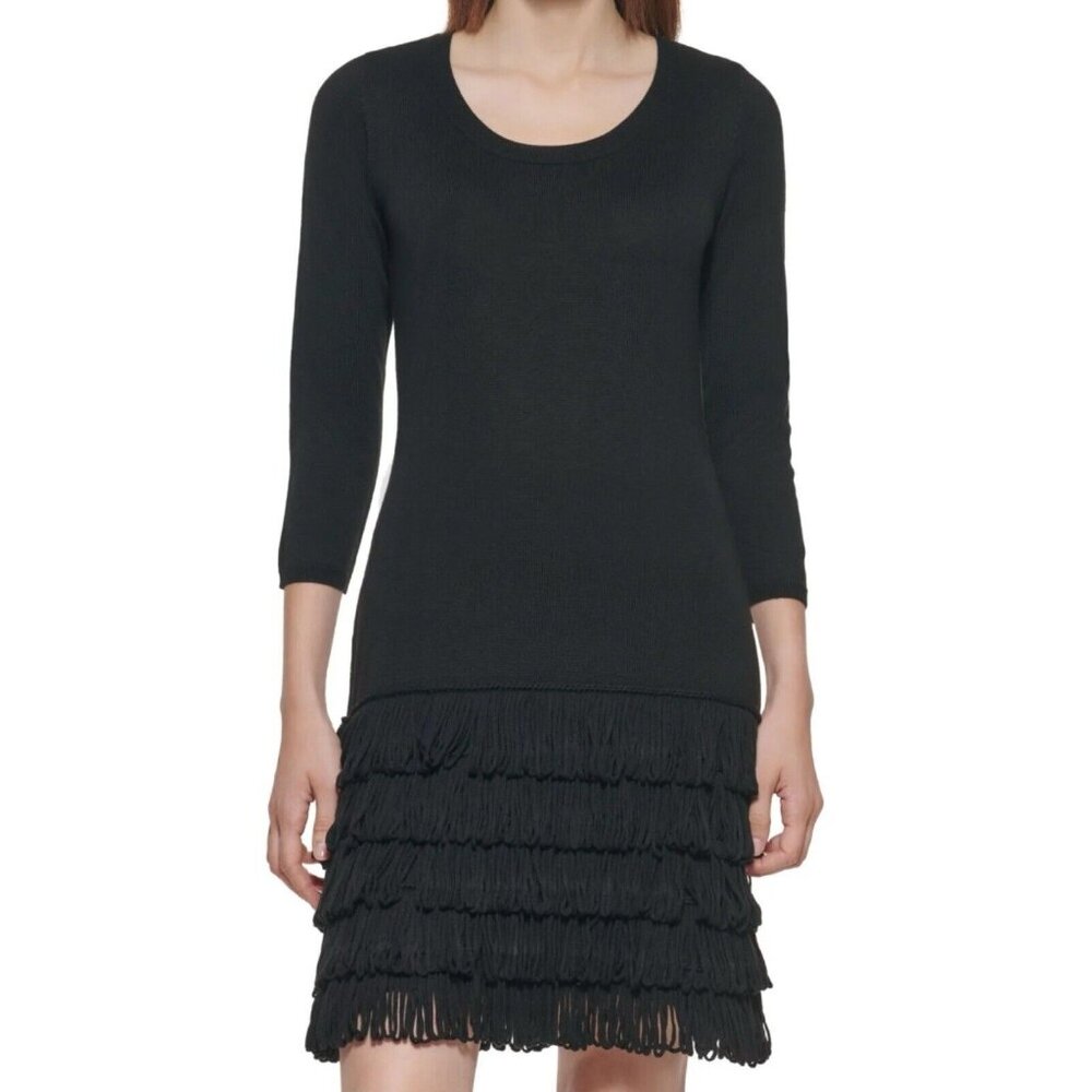 Soft Surroundings Theodora M Wool Blend Dress‎ Black Loop Fringe Hem 3/4 Sleeve